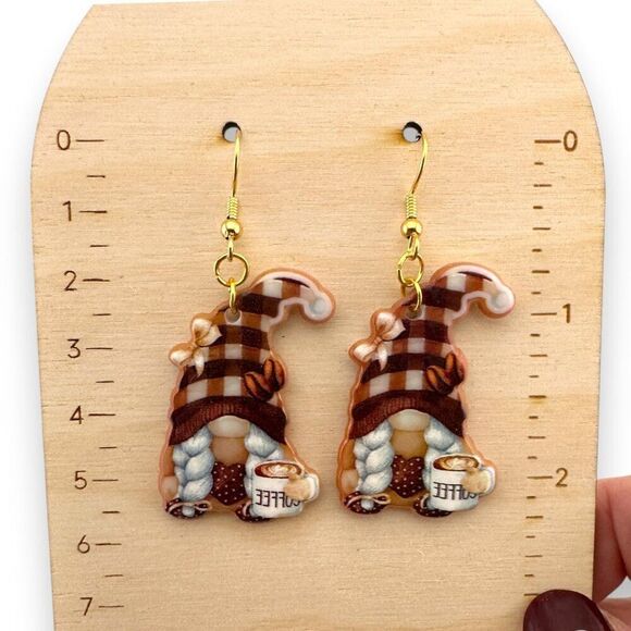 Coffee Break Gnome Earrings Gold Plated Earwires - Picture 8 of 8